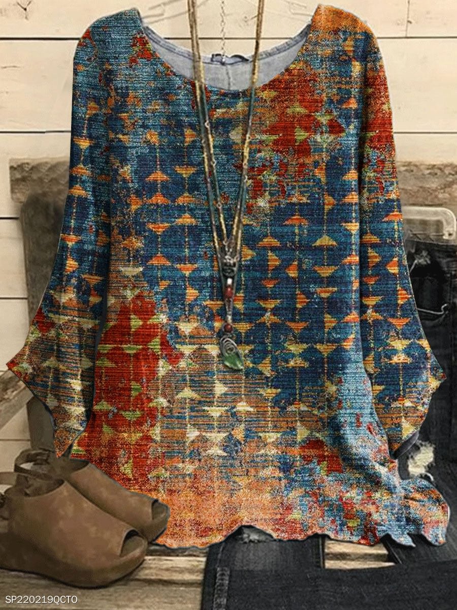 Round Neck Geometric Print Casual Loose Long Sleeve Blouse