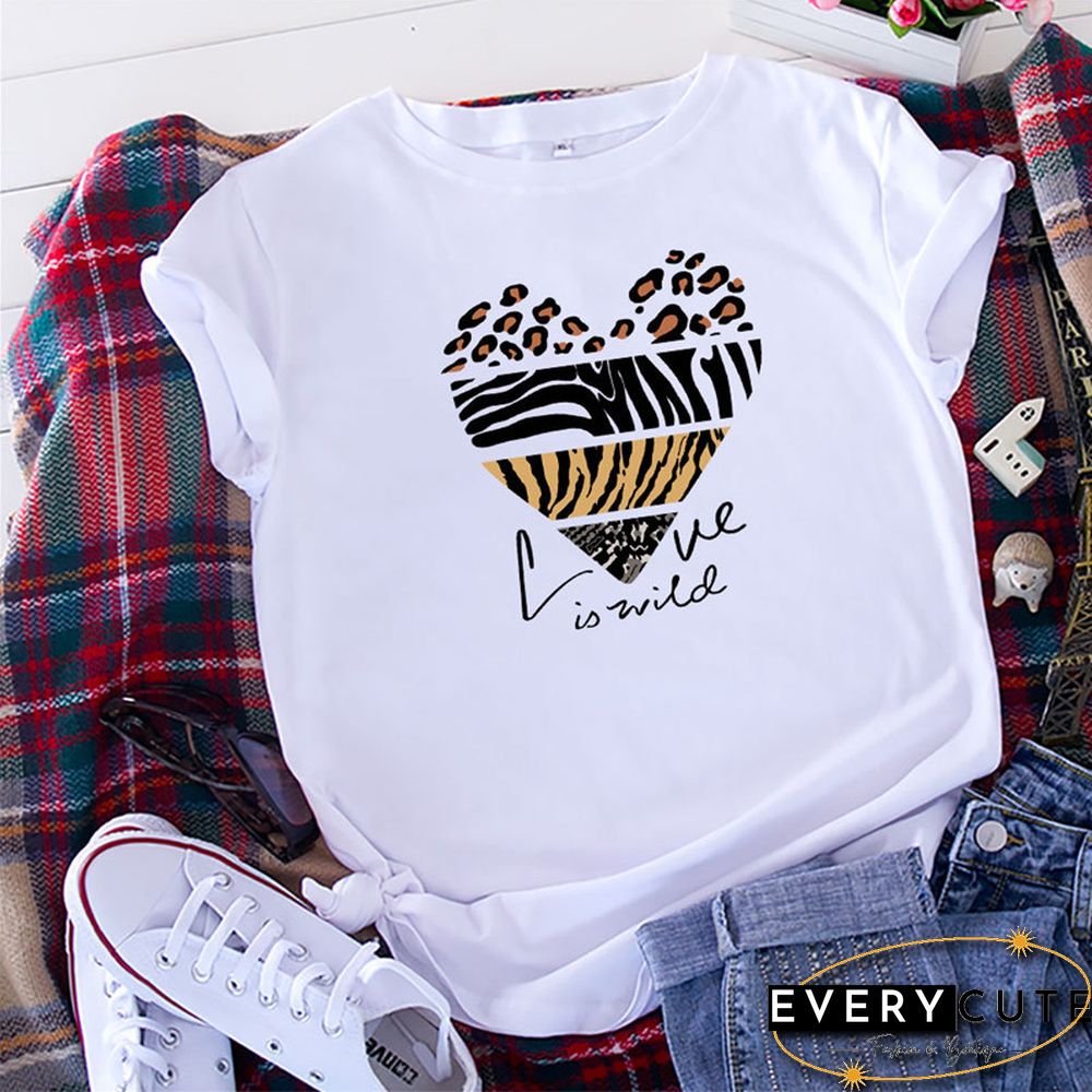 White Woman Tshirts Summer TShirt Fashion Heart Leopard Print Shirt 100%Cotton Tops O Neck Short Sleeve Tees Women Graphic Tee