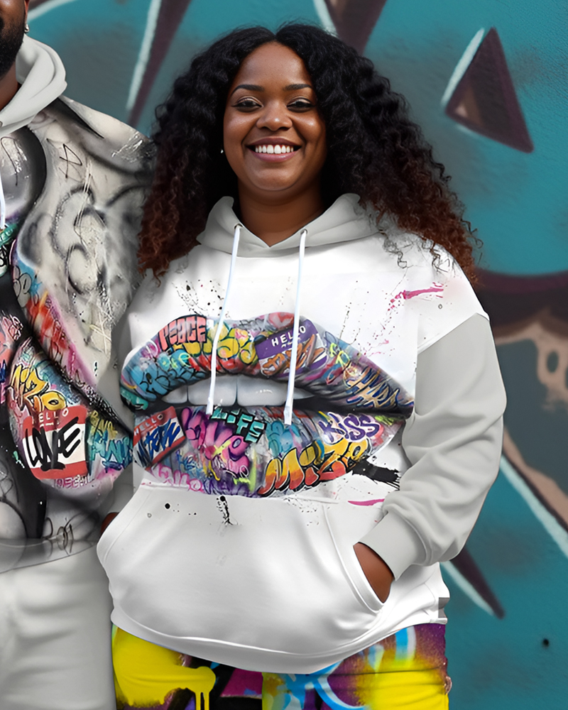 Couple Plus Size Street Lips Graffiti Print Hoodie Set