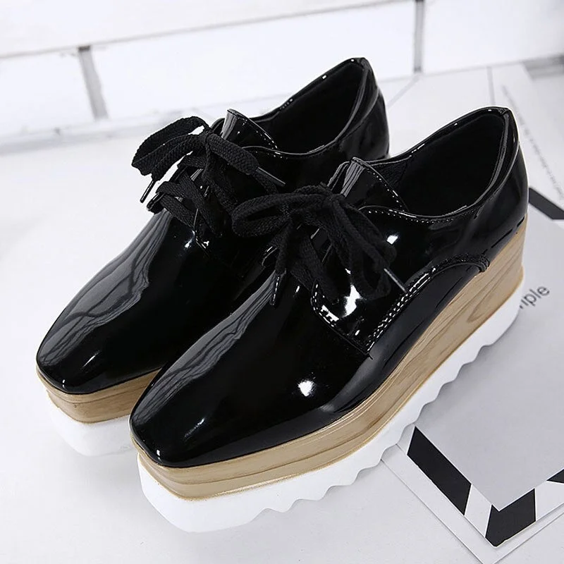 Women Flat Platform Sneakers PU Leather Autumn British Style Square Toe Casual Vulcanized Shoes Ladies Thick Bottom Retro Shoes