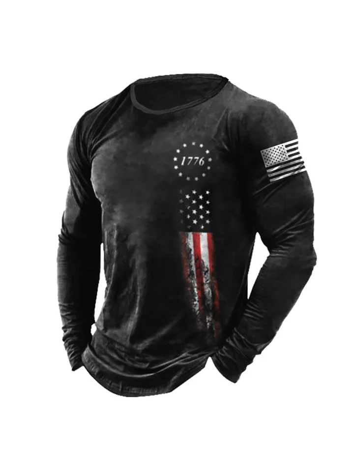 Retro Long-sleeved Body Shirt Male American Flag Print Round Neck Set Head Ins Trend Loose Round Hem T-shirt