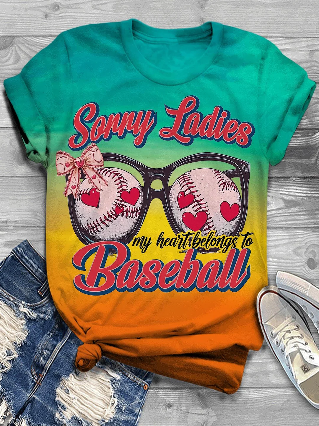 Valentine's Day My Heart Belongs To Baseball Print Casual T-Shirt