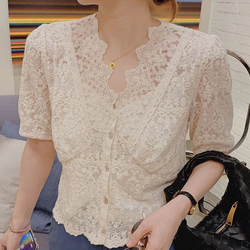 Summer New Chic Hollow V-neck Blouse Women Korean Sweet Short Sleeve Apricot Tops Fashion Floral Loose Ladies Shirt Blusas 13920