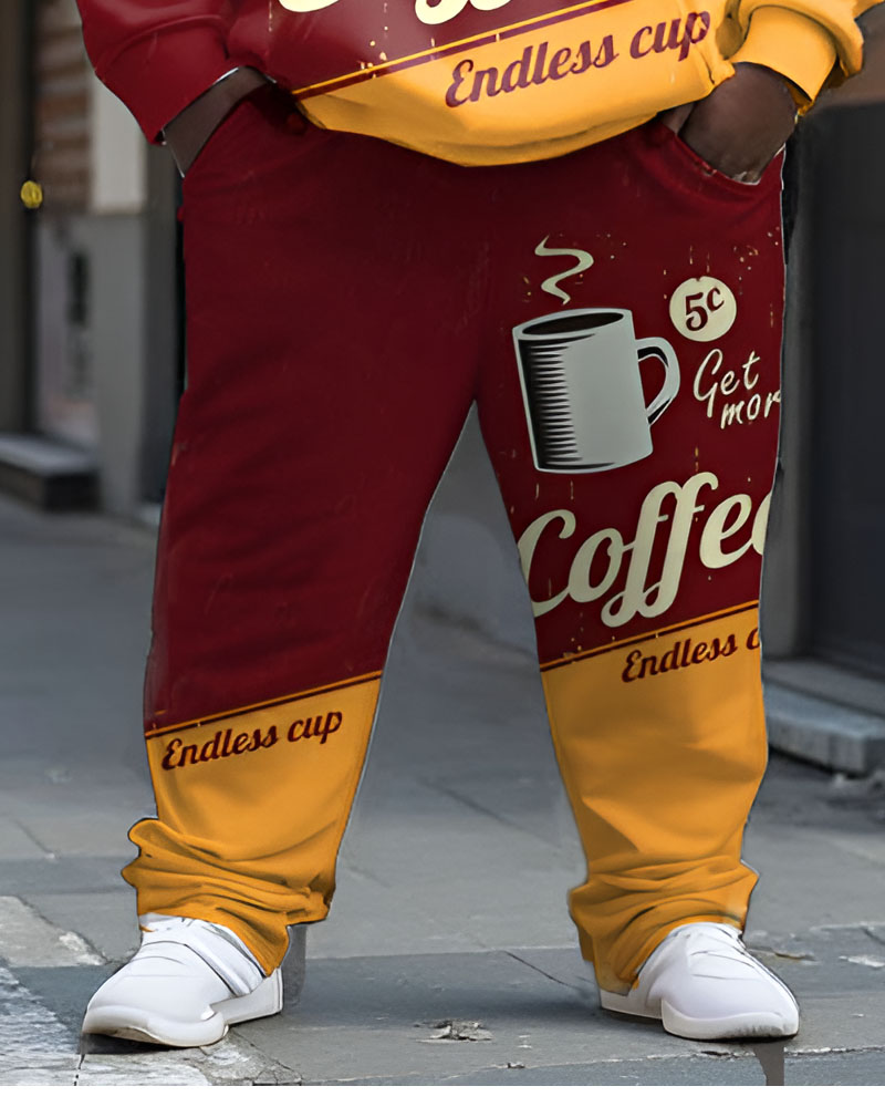 Men's Casual Retro Coffee Print Plus Size Hoodie Suit