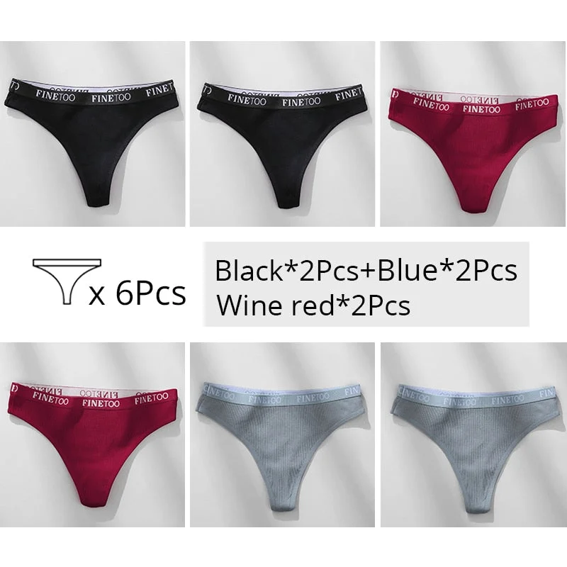 FINETOO Trendy Letter Thongs Cotton G-string Underwear M-XL Girls Bikini Underpants Comfortable Thong Panties 6Pcs Female Panty