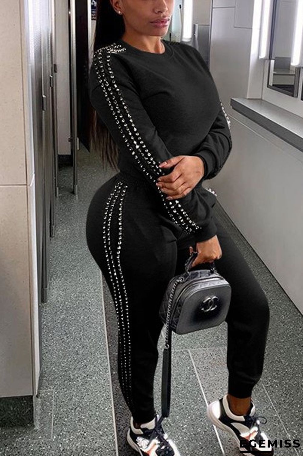 Black Casual Beading Solid Two Piece Suits Patchwork pencil Long Sleeve Two-piece Pants Set | EGEMISS