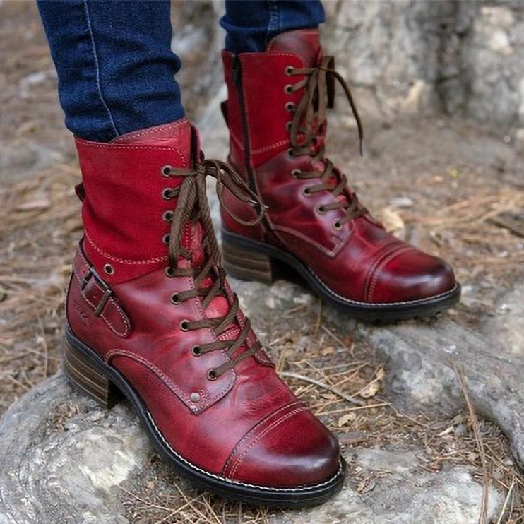 Women's Chunky Combat Boots Zipper Lace-up Ankle Boots