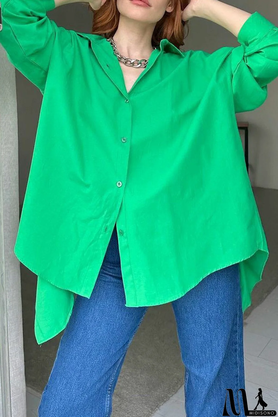 MidiSono - Single-breasted Back Slit Solid Blouse