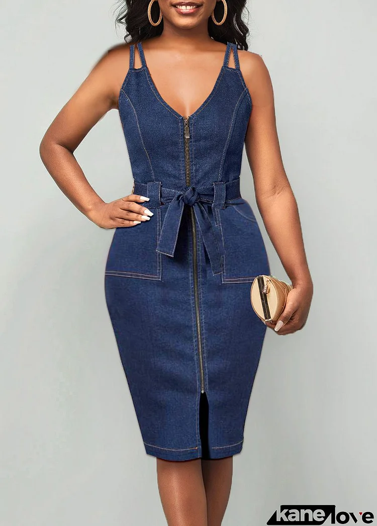 Plus Size Denim Blue Zipper Belted Bodycon Dress