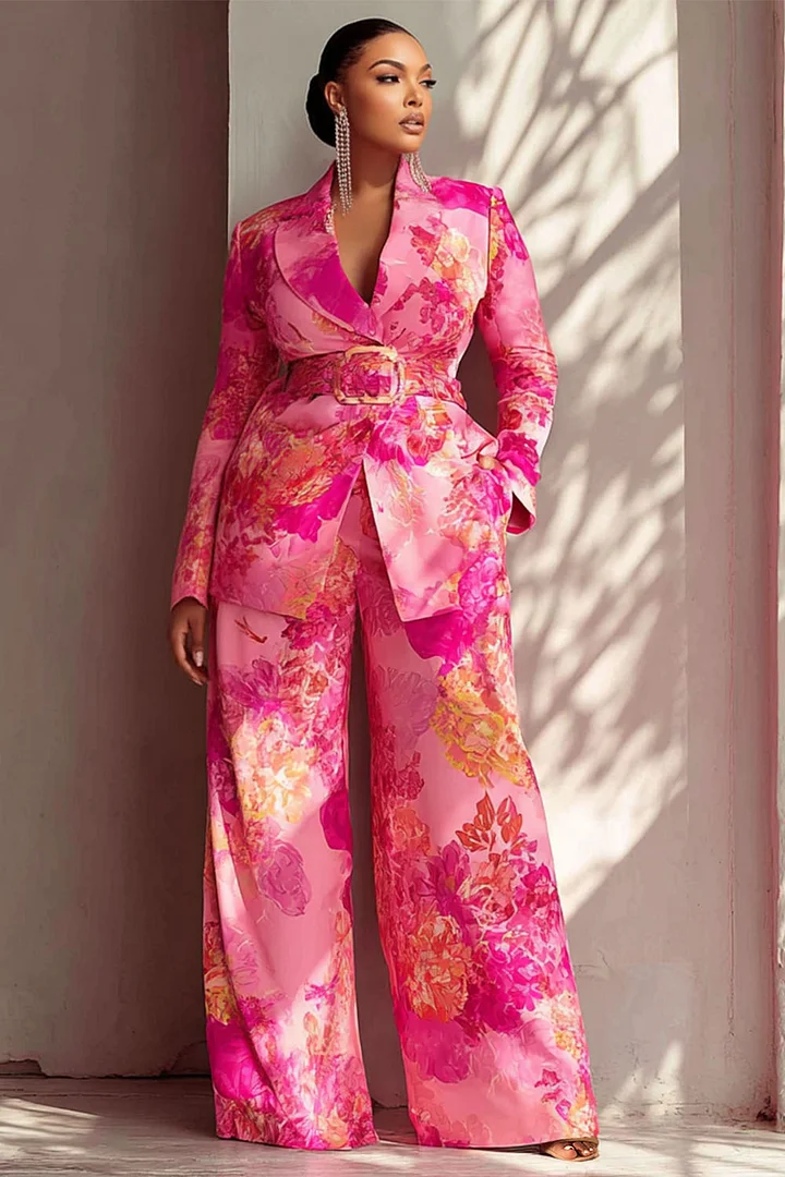 Xpluswear Design Plus Size Formal Hot Pink Turndown Collar Long Sleeve Pocket Satin Two Piece Pant Suits 2024 - Xpluswear