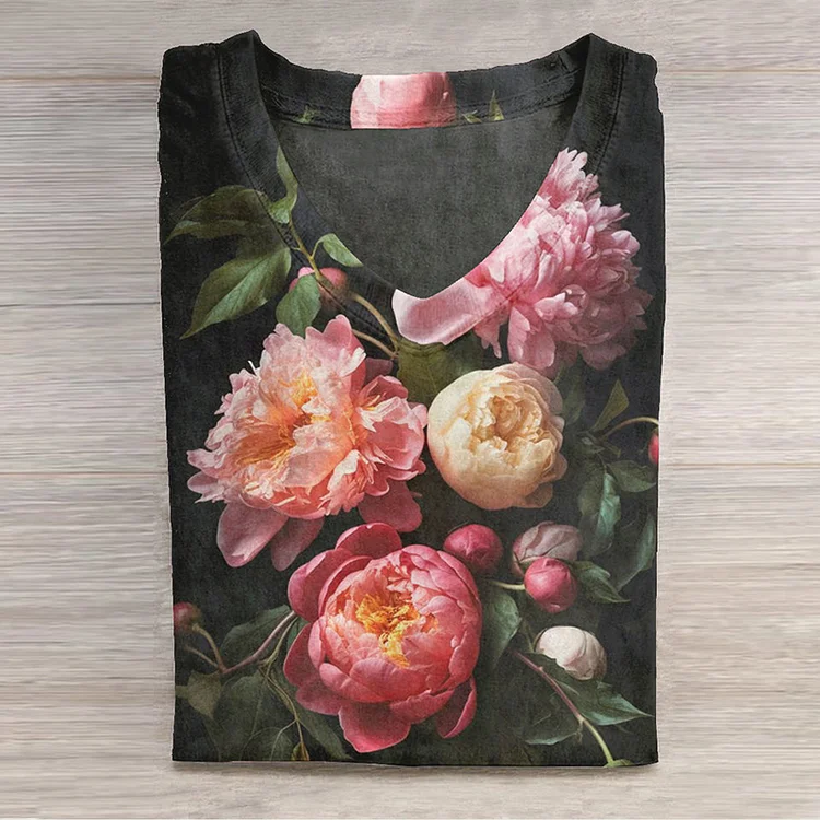 VChics Floral Art Print V-Neck Long Sleeve T-Shirt