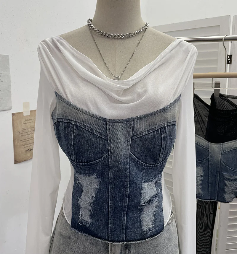 Uveng Sexy Collar Long-Sleeved T-Shirt To Make Old Hole Cowboy Splicing Net Bare Back Short Top 2236