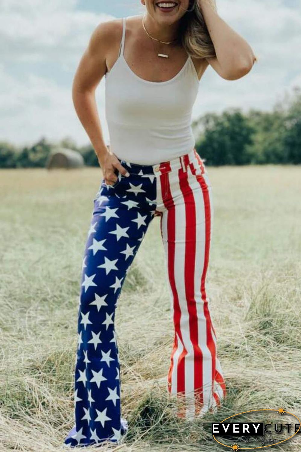 Blue White Casual Striped The stars Patchwork Regular High Waist Speaker Patchwork Trousers