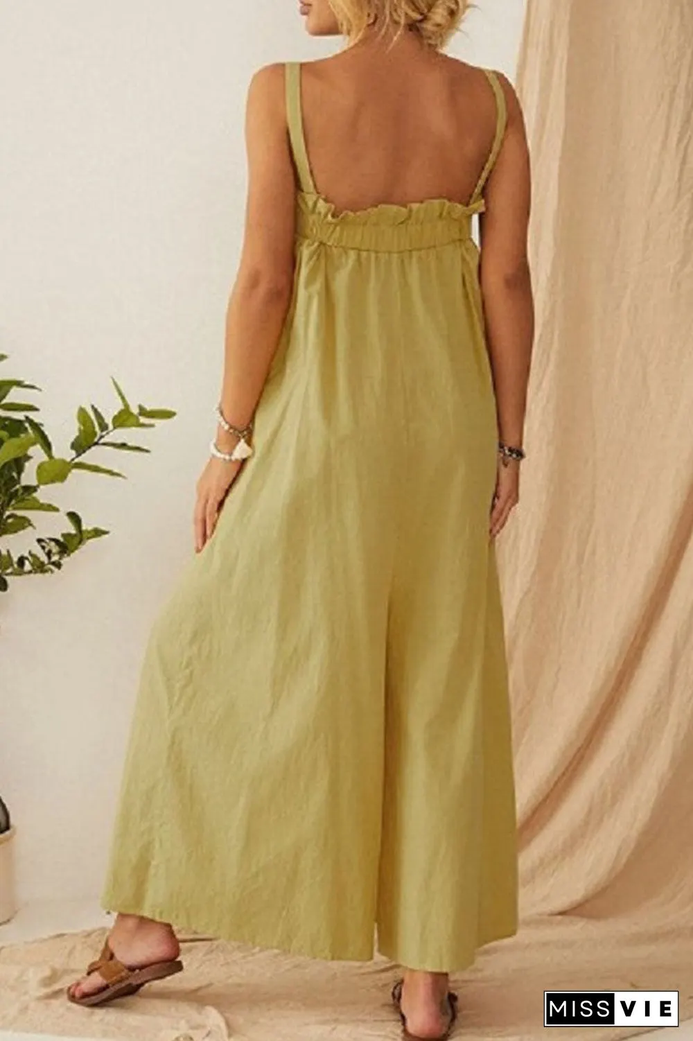 Fashion Casual Solid Split Joint Spaghetti Strap Loose Jumpsuits