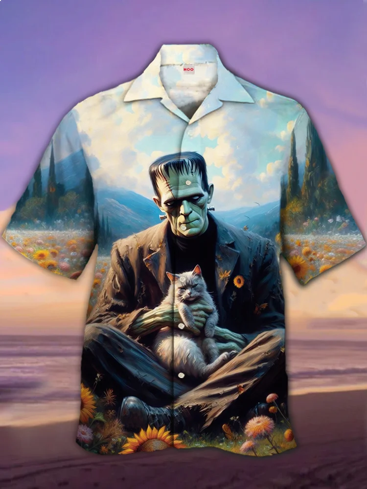 Eye-Catching Classic Horror Character Holding A Cat Printing Cuban Collar Hawaiian Short Sleeve Shirt BestDVibe