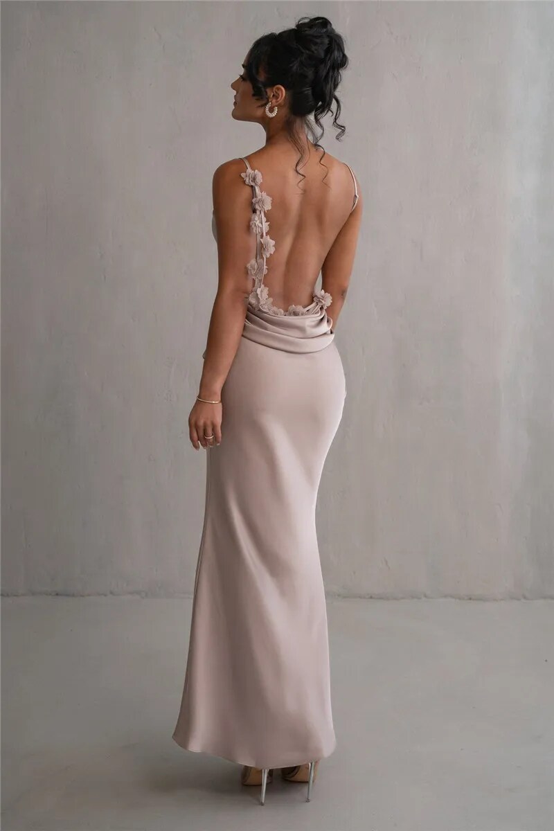 Ootddress Floral Draped Backless Maxi Long Dress For Women Fashion Spaghetti Strap Sleeveless Bodycon Evening Party Dress Elegant
