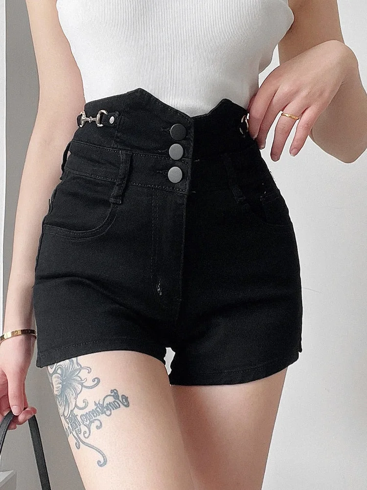 Sweetown Black Gothic High Waist Denim Shorts Women Hot Summer Punk Style Japanese Streetwear Girl Short Jeans With Sashes