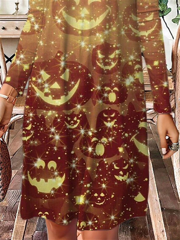 Women's Long Sleeve V-neck Graphic Halloween Midi Dress