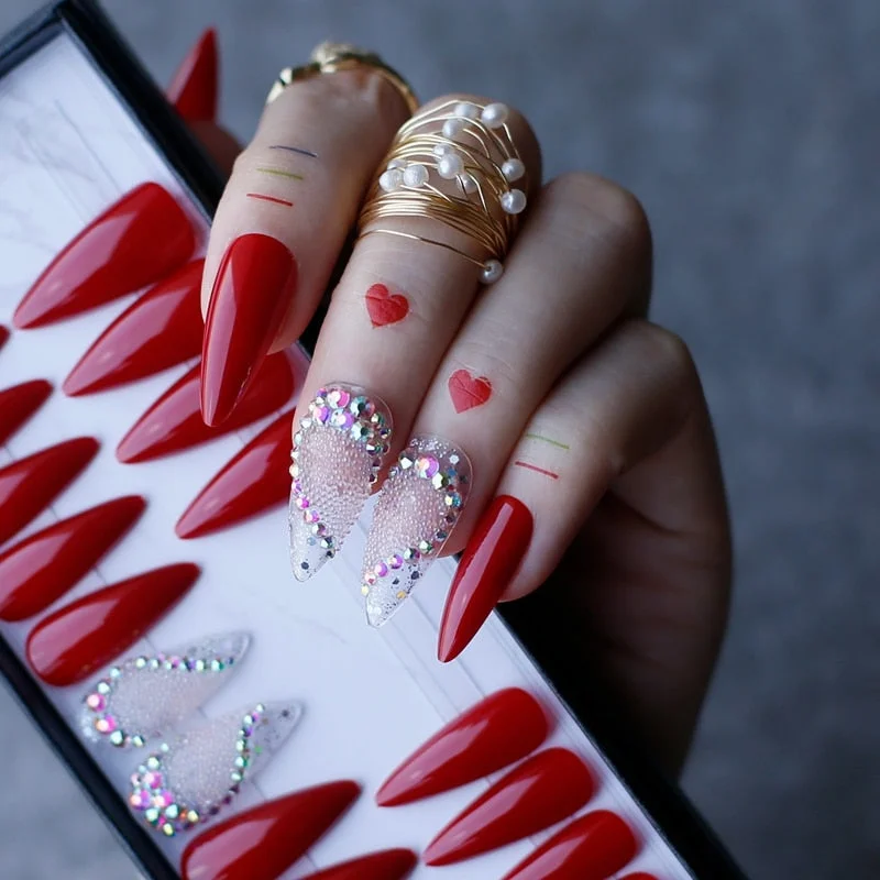 Valentine nails Luxury Coffin Love nails Red Acrylic False nails Logo customization Pink caviar AB Glitter transparent nail gel-Nail Inspo