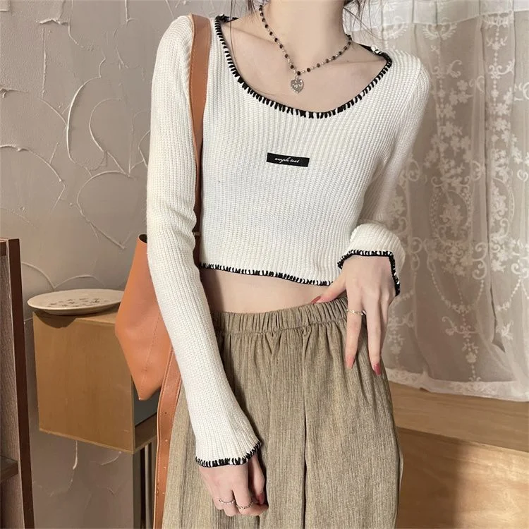 Uveng Uveng Back Bottom Top White High-Waisted Short-Sleeved Knitted Shirt Women In Spring And Autumn Strapped Ribbons To A Body-Repair Sweater