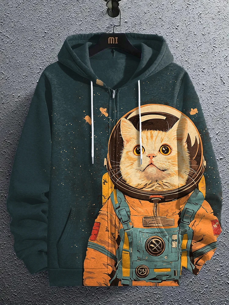 Men's Retro Astronaut Cat Print Hooded Zip Up Jacket