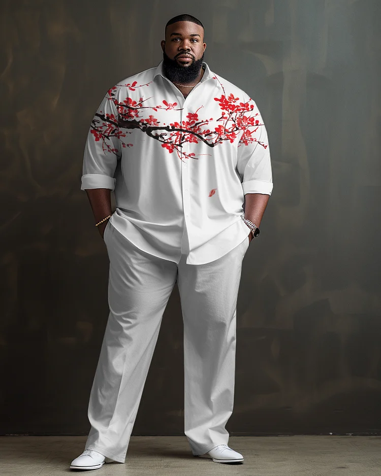 Men's Plus Size Simple Plum Blossom Print Long Sleeve Lapel 2 Shirt Set