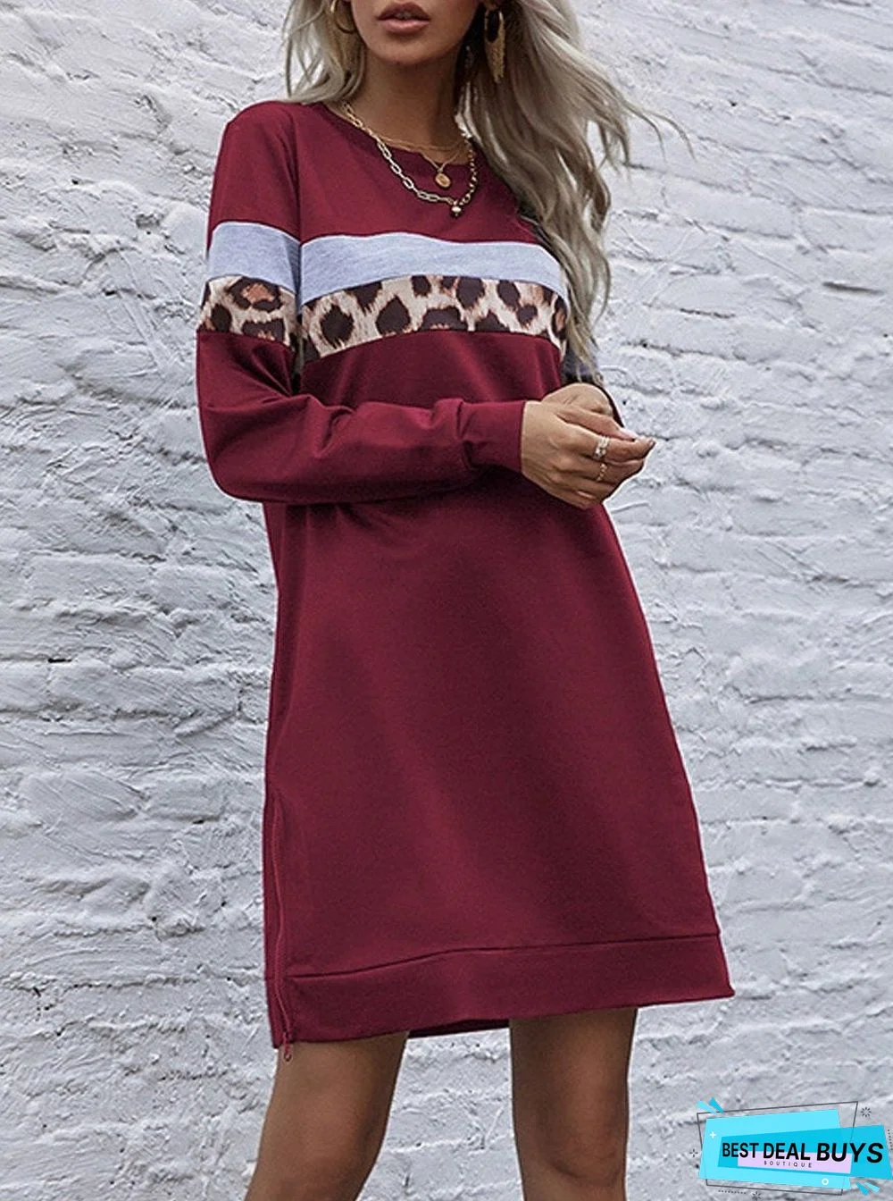 Autumn Leopard Print Mid-length Loose Round Neck Dress Black Dresses