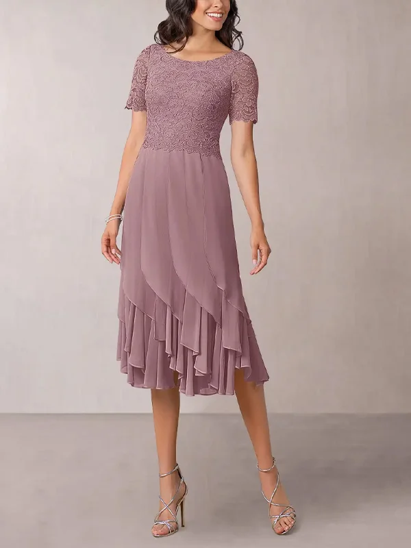 A-Line Lace Chiffon Tan Midi Dress
