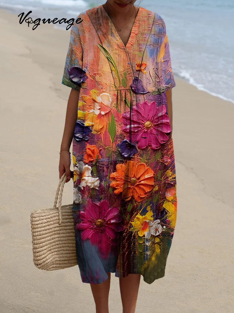 Bright And Beautiful Flowers Printed Women's Casual Cotton And Linen Dress