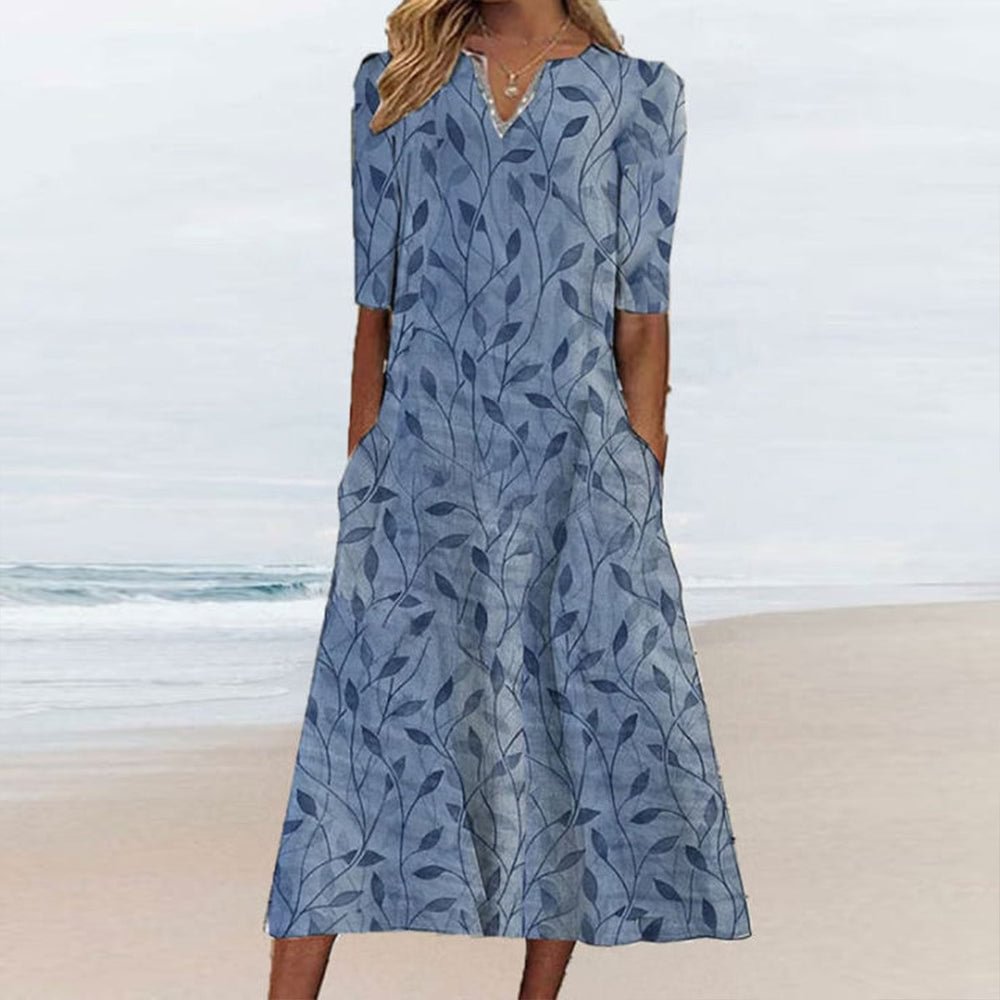 Blue Side Pocket Print Midi Dress