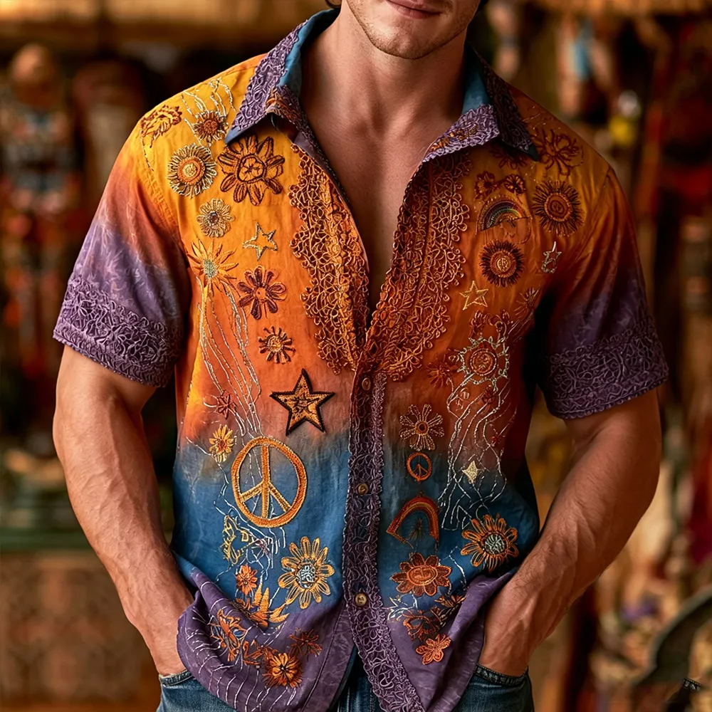 Comstylish Men's Hippie Peace Symbol And Floral Embroidery Tie-dye Casual Short Sleeve Shirt