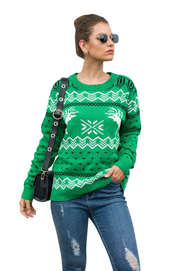 Womens Reindeer Christmas Sweater Long Sleeve Green-elleschic