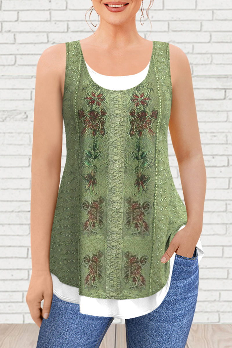 Flycurvy Plus Size Casual Green Tribal Print Stitching Tank Top 2024 - Flycurvy 