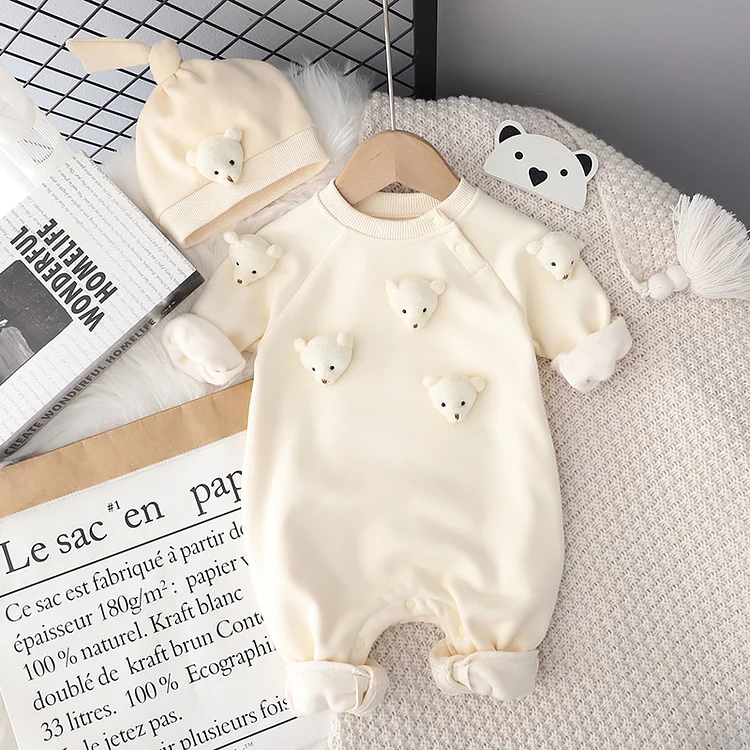 Baby Boy/Girl 3D Bear Suspender Long Sleeve Fluff Romper with Hat