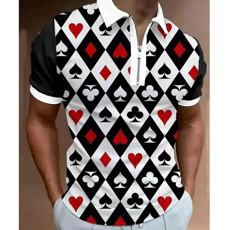 Playing Card Pattern Casual Short Sleeve Zipper Men's Polo Shirts Tops at Hiphopee