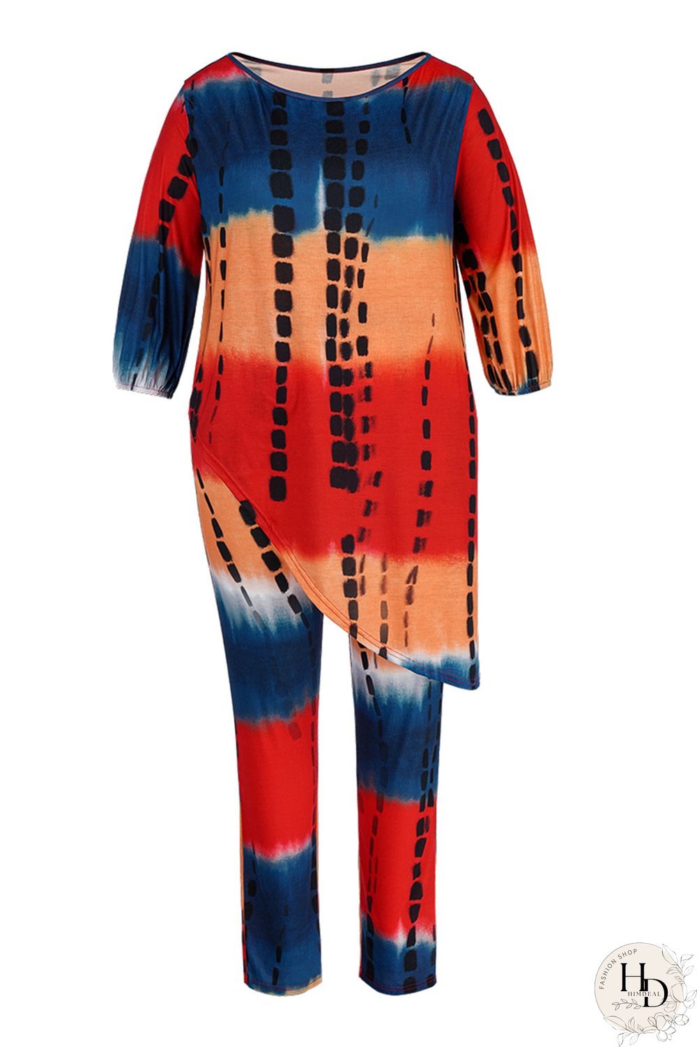 Yellow Fashion Casual Tie Dye Asymmetrical O Neck Plus Size Two Pieces