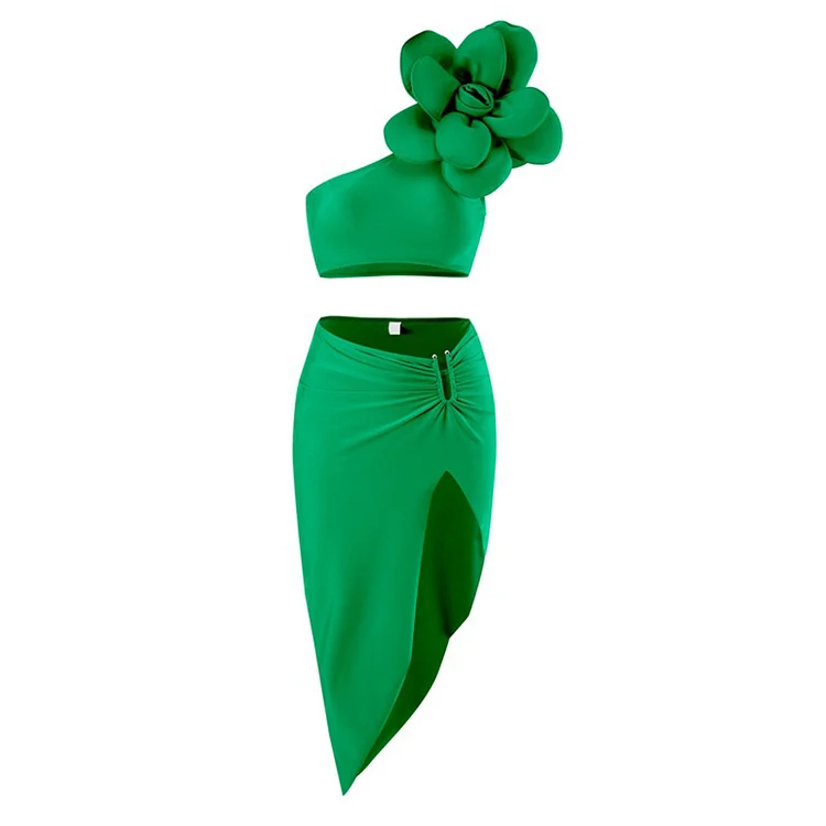 3D Flower Solid Color High Wasit Bikini Swimsuit and Sarong