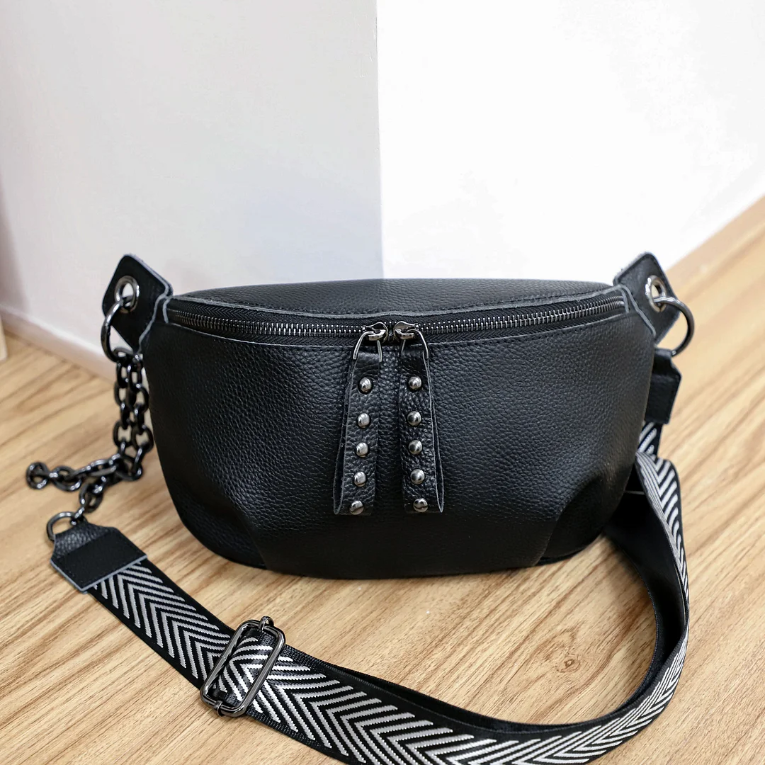 Genuine Leather Women Moon Chest Bag Female Wide Shoulder Strap Soft Small Girls Shoulder Bags Messenger Leather Crossbody Bags