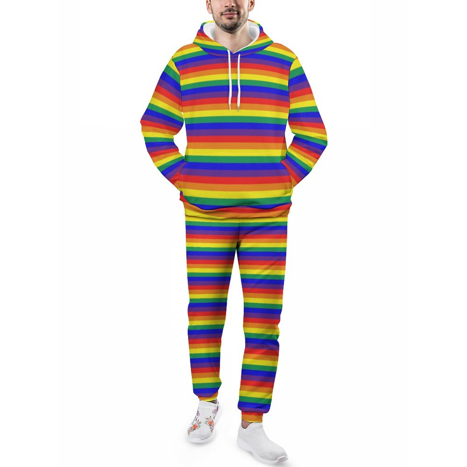 Printed Rainbow Striped Men's Sweatsuits Set Guys Streetwear Athletic Pullover And Sweatpants Suit Outfit S-5Xl