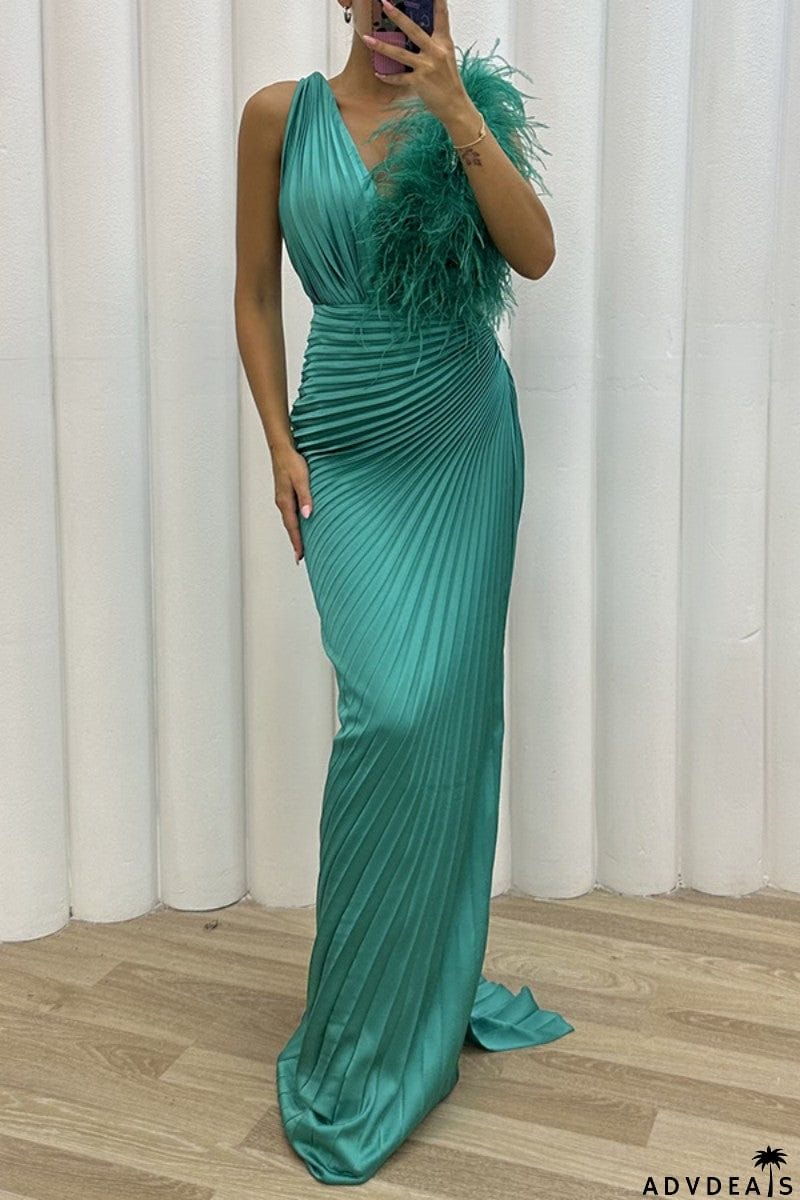 Sexy Solid Patchwork Pleated V Neck Long Dress Dresses