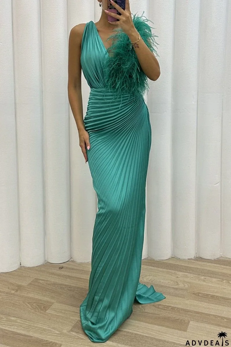 Sexy Solid Patchwork Pleated V Neck Long Dress Dresses
