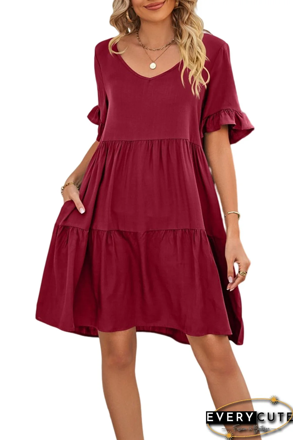 Red V Neck Ruffle Short Sleeve Flared Midi Dress