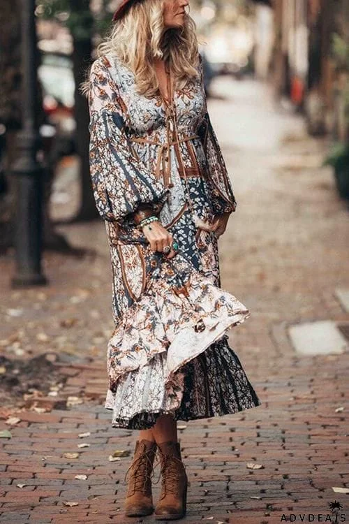 Bohemia Print Long Sleeve Maxi Dress