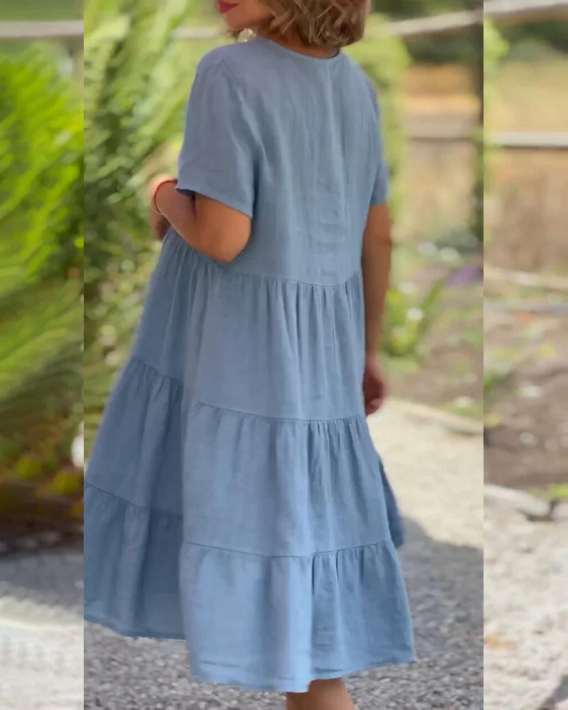 Women Autumn Retro Pure Color O-Neck Cotton Linen Dress