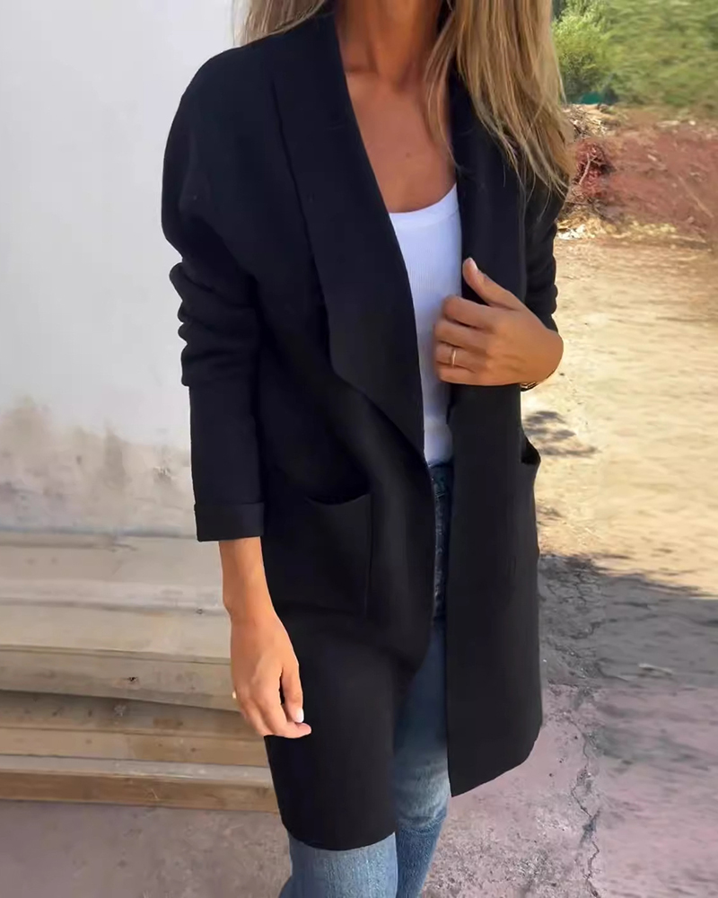 Long Sleeve Side Pockets Solid Color Open Front Long Length Coat
