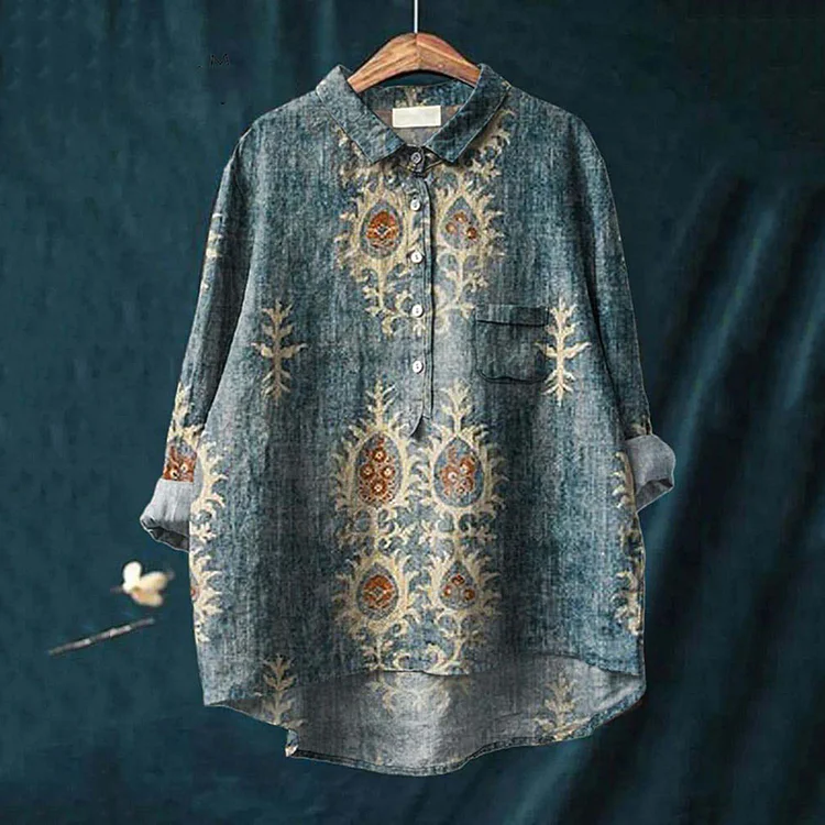 Women's Vintage Ethnic Floral Art Print Casual Cotton Linen Shirt