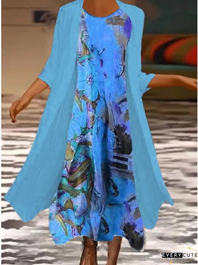 Women's Dress - Dress Set Two Piece Dress Church Dress Midi Dress Orange 3/4 Length Sleeve Floral Print Summer Spring Crew Neck Fashion S M L XL XXL 3XL