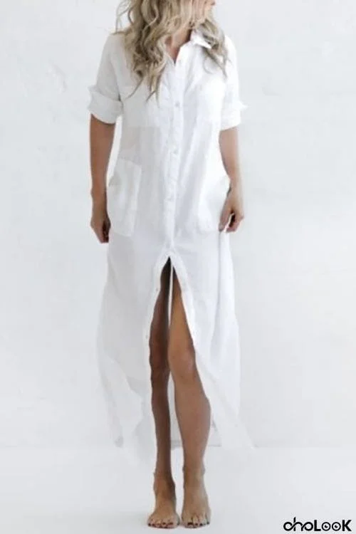 Linen Button Pockets Shirt Maxi Dress