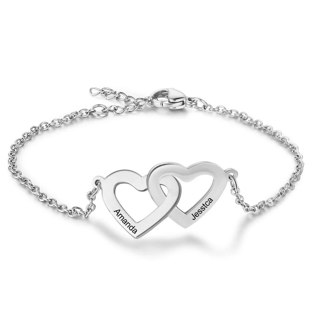 Bracelet Gourmette Coeur Personnalisé Avec 2 Prénoms Bracelet pour Femme Cadeau Maman Fille Anniversaire