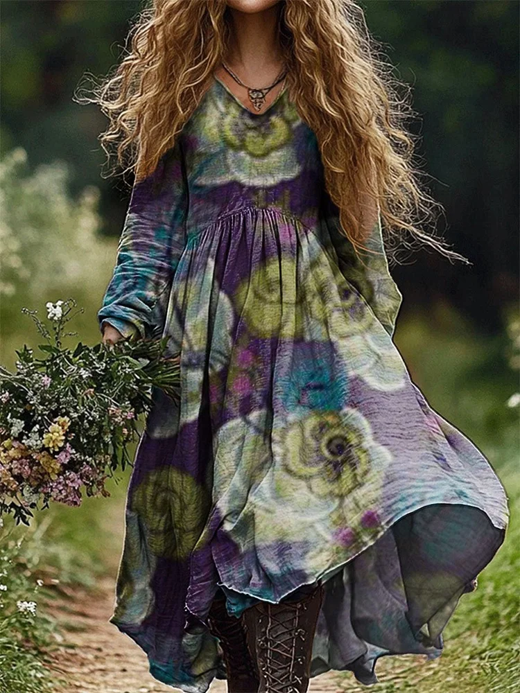 Women's Vintage Floral Art Print Pocket Cotton Dress
